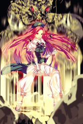 Rule 34 | 1girl, alternate eye color, aura, bandaged arm, bandages, chinese clothes, dragon, eastern dragon, fighting stance, hair ribbon, hat, highres, hong meiling, long hair, looking at viewer, pants, puffy short sleeves, puffy sleeves, red eyes, red hair, ribbon, shoes, short sleeves, side slit, sketch, smile, solo, tangzhuang, tian (my dear), touhou