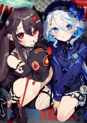 Rule 34 | alternate costume, arm strap, bandaid, bandaid on knee, bandaid on leg, between legs, black choker, black footwear, black jacket, blue choker, blue eyes, blue hair, blue shirt, blue skirt, choker, clenched teeth, colored inner hair, ear piercing, earrings, fishnet thighhighs, fishnets, flower-shaped pupils, frilled skirt, frills, from above, furina (genshin impact), gen arare, genshin impact, hair ornament, hairpin, hand between legs, hu tao (genshin impact), jacket, jewelry, kneeling, long hair, looking at viewer, multicolored hair, off-shoulder jacket, off shoulder, open mouth, piercing, red eyes, red nails, shirt, single thighhigh, skirt, squatting, symbol-shaped pupils, teeth, thigh strap, thighhighs, twintails, white hair