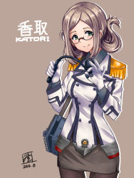 Rule 34 | 10s, 1girl, 2016, bad id, bad nicoseiga id, breasts, brown background, brown hair, brown pantyhose, buttons, character name, collared shirt, dated, double-breasted, epaulettes, folded ponytail, glasses, gloves, green eyes, jacket, kantai collection, katori (kancolle), light brown hair, long hair, long sleeves, looking at viewer, medium breasts, military, military uniform, miniskirt, mistrail, necktie, pantyhose, parted bangs, pencil skirt, pointer, riding crop, semi-rimless eyewear, shirt, simple background, skirt, smile, solo, under-rim eyewear, uniform, white gloves