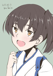 Rule 34 | 1girl, aged down, black hair, brown eyes, dated, grey background, highres, japanese clothes, kaga (kancolle), kantai collection, open mouth, side ponytail, simple background, smile, solo, taira yuuki, tasuki, twitter username, upper body
