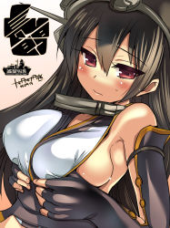Rule 34 | 10s, 1girl, bad id, bad pixiv id, bare shoulders, black hair, blush, breasts, elbow gloves, fingerless gloves, gloves, hairband, kantai collection, large breasts, long hair, looking at viewer, nagato (kancolle), red eyes, sideboob, solo, tokita monta