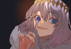 Rule 34 | 1boy, black background, blue eyes, diamond hairband, eyelashes, fate/grand order, fate (series), fingernails, fork, fur trim, grey hair, hair between eyes, highres, holding, holding fork, kujiraoka, looking at viewer, male focus, mismatched pupils, oberon (fate), portrait, shadow, smile, solo, sparkle