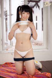 Rule 34 | asian, black hair, bra, breasts, brown eyes, cleavage, closed mouth, hiyori izumi, indoors, japanese (nationality), kneeling, long hair, navel, panties, photo (medium), presenting, real life, shirt, shoes, small breasts, smile, stomach, twintails, underwear, white bra, white panties, white shirt