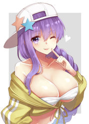 Rule 34 | 1girl, ;p, bad id, bad pixiv id, bb (fate), bb (fate) (all), bb (swimsuit mooncancer) (fate), bb (swimsuit mooncancer) (first ascension) (fate), blush, braid, breasts, cleavage, collarbone, commentary request, fate/grand order, fate (series), hair between eyes, hat, heart, index finger raised, large breasts, long hair, looking at viewer, one eye closed, purple hair, single braid, solo, star (symbol), tongue, tongue out, upper body, white hat, yuzu-aki