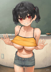 Rule 34 | 1girl, black hair, blush, breasts, camisole, camisole lift, clenched teeth, clothes lift, collarbone, commentary request, gaki kyonyuu, grey shorts, hair between eyes, highres, kaedeko (kaedelic), large breasts, looking at viewer, navel, oppai loli, sasaki kanna (kaedeko), short hair, shorts, signature, smile, solo, standing, teeth, thighs, twintails, underboob, yellow camisole