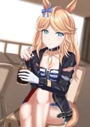 Rule 34 | 1girl, absurdres, animal ears, arm strap, bandeau, belt, black belt, black choker, black jacket, blonde hair, blue bow, blue eyes, blush, bow, breasts, chain, choker, cleavage, closed mouth, commentary request, crossed legs, cup, drinking straw, gold city (umamusume), hair bow, highres, holding, holding cup, holding straw, horse ears, jacket, jacket on shoulders, long hair, long sleeves, looking at viewer, midori mushi, midriff, open clothes, open jacket, parted lips, sitting, smile, solo, stomach, strapless, striped bandeau, tube top, umamusume, upper body, very long hair, wooden chair