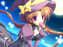 Rule 34 | 1girl, animal, black cat, breasts, broom, broom riding, candy, cat, character request, cleavage, dress, earrings, eating, food, hat, hat ribbon, highres, jewelry, lollipop, long hair, looking at viewer, mikeou, moon, night, night sky, orange hair, purple eyes, ribbon, sky, solo, star (sky), star (symbol), sweets, tail, underbar summer, water, witch, witch hat, yellow ribbon