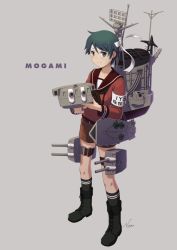 Rule 34 | 1girl, adapted turret, armband, black socks, black neckerchief, boots, brown sailor collar, brown serafuku, brown shorts, cannon, character name, clothes writing, commentary request, cross-laced footwear, green eyes, green hair, grey background, headband, kantai collection, kneehighs, lace-up boots, long sleeves, machinery, mogami (kancolle), nao (nao eg), neckerchief, sailor collar, school uniform, serafuku, short hair, shorts, smokestack, socks, solo, turret, white headband