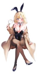 Rule 34 | 1girl, absurdres, alternate costume, animal ears, black leotard, blonde hair, blue eyes, blue footwear, blush, breasts, brown coat, brown pantyhose, cleavage, coat, commentary, covered navel, crossed legs, detached collar, fake animal ears, full body, high heels, highres, holding, holding magnifying glass, hololive, hololive english, large breasts, leotard, long coat, looking at viewer, magnifying glass, maru ccy, mole, mole on breast, necktie, one eye closed, pantyhose, parted bangs, playboy bunny, rabbit ears, red necktie, short necktie, simple background, sitting, smile, solo, strapless, strapless leotard, symbol-only commentary, virtual youtuber, watson amelia, white background