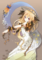 Rule 34 | 1girl, backless dress, backless outfit, bad id, bad pixiv id, blonde hair, brown background, brown eyes, bug, butterfly, dress, flower, grey wings, hair between eyes, horns, insect, long hair, orange flower, original, outstretched arm, parted lips, rano8, simple background, sleeveless, sleeveless dress, solo, standing, very long hair, wings