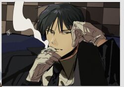 Rule 34 | 1boy, black eyes, black hair, black necktie, border, checkered wall, cigarette, close-up, closed mouth, collared shirt, dress shirt, eyes visible through hair, fullmetal alchemist, hand up, head rest, holding, holding cigarette, i am muruzo, jacket, male focus, necktie, roy mustang, serious, shadow, shirt, sideways glance, smoke, smoking, spiked hair, suit jacket, tsurime, upper body, wall, white border, white shirt