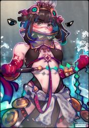 Rule 34 | 1girl, absurdres, aztec, bare shoulders, black hair, blue hair, blunt bangs, blush, bracer, breasts, detached collar, eyeliner, facepaint, facial mark, fate/grand order, fate (series), feathers, gold trim, grey eyes, halterneck, headdress, high collar, highres, jewelry, looking at viewer, maewenmitzuki, makeup, multicolored hair, navel, necklace, pelvic curtain, sash, short hair, sidelocks, small breasts, solo, streaked hair, tassel, tenochtitlan (fate), tenochtitlan (first ascension) (fate), thighs, water, whip