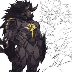 Rule 34 | 1boy, abs, armor, avenger (dungeon and fighter), bara, beard, body fur, chest tattoo, colored sclera, colored skin, cross tattoo, demon boy, demon horns, dungeon and fighter, facial hair, feet out of frame, glowing, glowing eyes, grey skin, horns, immortal (dungeon and fighter), long hair, looking to the side, male focus, male priest (dungeon and fighter), mature male, monster boy, multiple views, muscular, muscular male, nikism, no nipples, nude, obliques, pauldrons, pectorals, pointy ears, priest (dungeon and fighter), short hair, shoulder armor, sideburns, sketch, spiked hair, stomach, tattoo, thick eyebrows, thick thighs, thighs, vambraces, yellow sclera