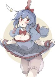 Rule 34 | 1girl, absurdres, adapted costume, animal ears, bloomers, blouse, blue hair, blue shirt, blue skirt, blush, bow, bowtie, breasts, cleavage, clothes lift, commentary request, cowboy shot, detached collar, earclip, frilled skirt, frills, grey background, hair bow, highres, leaning forward, lifted by self, long hair, medium breasts, moon rabbit, open mouth, ponytail, puffy short sleeves, puffy sleeves, rabbit ears, rabbit girl, red bow, red bowtie, red eyes, see-through, see-through bloomers, seiran (touhou), shirt, short sleeves, shot (shot0598), simple background, skirt, skirt lift, skirt set, solo, touhou, underwear, white bloomers, wrist cuffs, wristband