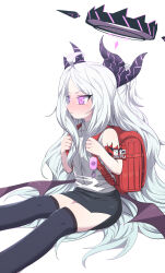 Rule 34 | 1girl, absurdres, ahoge, armband, bag, bare arms, bare shoulders, black skirt, blue archive, blush, chan seong, closed mouth, crime prevention buzzer, demon girl, demon horns, demon wings, dress, forehead, hair over shoulder, halo, highres, hina (blue archive), holding, holding bag, horns, long hair, looking to the side, miniskirt, off shoulder, parted bangs, pencil skirt, purple eyes, red armband, school bag, simple background, sitting, skirt, sleeveless, solo, thighhighs, thighs, white background, white dress, white hair, wings