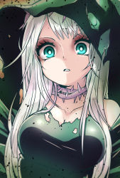 Rule 34 | 1girl, aqua eyes, breasts, choker, cleavage, collarbone, debris, dress, eyeshadow, green dress, hat, highres, long hair, makeup, misery (p&amp;d), parted lips, pikomarie, puzzle &amp; dragons, solo, taut clothes, thorns, torn clothes, torn hat, upper body, white hair, wide-eyed, witch hat