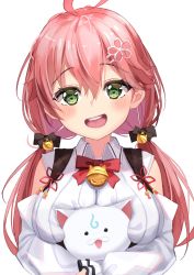 Rule 34 | 1girl, 35p (sakura miko), :d, absurdres, ahoge, animal, bell, blush, bow, breast press, breasts, cat, collared shirt, commentary request, detached sleeves, flower, green eyes, hair bell, hair between eyes, hair flower, hair ornament, highres, holding, holding animal, holding cat, hololive, jingle bell, large breasts, long hair, long sleeves, looking at viewer, neck bell, open mouth, red bow, red hair, sakura miko, sakura miko (casual), shirt, simple background, smile, solo, starkamisan, teeth, twintails, upper body, upper teeth only, virtual youtuber, white background, white shirt