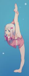 Rule 34 | &gt;:), 10s, 1girl, absurdres, alphabet (alphabetnoon), arched back, arm up, bad id, bad pixiv id, bare legs, barefoot, blue background, blue eyes, bow, closed mouth, commentary, eromanga sensei, feet, flexible, foreshortening, frills, from side, full body, gradient background, grey hair, hair bow, highres, izumi sagiri, leg lift, leg up, long hair, long sleeves, looking at viewer, navel, neck ribbon, outstretched arms, pajamas, plantar flexion, purple bow, revision, ribbon, shorts, smile, smug, solo, split, standing, standing on one leg, star (symbol), stretching, tareme, toes, v, v-shaped eyebrows, wing collar