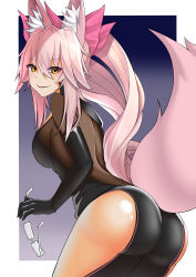 Rule 34 | 1girl, absurdres, animal ears, artist request, ass, bodysuit, bow, breasts, fate/grand order, fate (series), fox ears, fox tail, from behind, glasses, glasses removed, hair bow, highres, hip vent, koyanskaya (fate), large breasts, long hair, looking at viewer, orange eyes, pink hair, ponytail, shiny clothes, shiny skin, sideboob, smile, solo, tail, tamamo (fate), very long hair