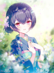 Rule 34 | 1girl, black hair, blue hair, blue kimono, blurry, blurry background, blurry foreground, blush, bow, breasts, dot nose, falling petals, floral print, flower, hair between eyes, hair bun, hair flower, hair ornament, hands on own chest, highres, idolmaster, idolmaster shiny colors, japanese clothes, kimono, long sleeves, looking at viewer, morino rinze, obi, obiage, obijime, open mouth, petals, red eyes, sash, short hair, small breasts, smile, solo, soriya, sparkle, twitter username, wide sleeves