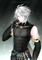 Rule 34 | 1boy, absurdres, alhaitham (genshin impact), black shirt, blue eyes, chest jewel, closed mouth, compression shirt, detached sleeves, genshin impact, gloves, grey hair, hair between eyes, highres, looking at viewer, male focus, moovalandi, multicolored hair, shirt, short hair, signature, simple background, sleeveless, sleeveless shirt, solo, twitter, twitter username, upper body