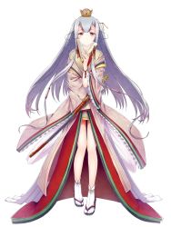 Rule 34 | 1girl, crown, floating hair, full body, hand fan, highres, holding, holding fan, long hair, looking at viewer, mini crown, red eyes, shirohime quest, silver hair, simple background, socks, solo, standing, very long hair, white background, white socks