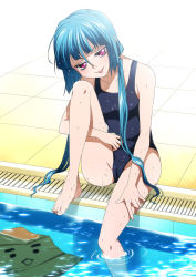 Rule 34 | 1girl, :p, barefoot, blue hair, box, cameltoe, feet, female focus, highres, hugging own legs, long hair, naughty face, one-piece swimsuit, original, pool, poolside, purple eyes, red eyes, school swimsuit, sitting, soaking feet, solo, swimsuit, tongue, tongue out, water, wet, yodobashi yuo