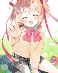 Rule 34 | 1girl, blonde hair, blush, bow, candy, chocolate, chocolate heart, food, hair ornament, hair ribbon, haruchimo, heart, highres, kamikita komari, little busters!, little busters! school uniform, open mouth, pink bow, plaid, plaid skirt, ribbon, school uniform, short hair, skirt, smile, solo, twintails