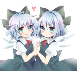 Rule 34 | 2girls, alternate hairstyle, bad id, bad pixiv id, black hair, blue dress, blue hair, bow, cirno, dress, dual persona, fang, hair bow, holding hands, heart, ice, ice wings, interlocked fingers, kuromame (8gou), multiple girls, open mouth, puffy short sleeves, puffy sleeves, shirt, short sleeves, touhou, wavy mouth, wings