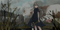 Rule 34 | 1girl, animal, bandaged arm, bandages, black dress, blue sky, blush, bridge, brown eyes, brown hair, building, chihuri, closed mouth, cloud, cloudy sky, cow, day, dress, flower, grass, hair between eyes, holding, holding flower, long hair, looking at viewer, looking to the side, original, outdoors, short sleeves, sketch, sky, smile, solo, very long hair, white flower, wide sleeves