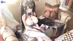 Rule 34 | 1girl, absurdly long hair, absurdres, ameyame, azur lane, bare shoulders, between breasts, black hair, blush, book, box, breasts, chessboard, cleavage, closed mouth, commentary, copyright name, couch, cross, crossed legs, curtains, detached collar, dress, gift, gift box, hair ornament, halterneck, heart-shaped box, highres, holding, indoors, iron cross, large breasts, light smile, logo, long hair, looking at viewer, official alternate costume, official art, pantyhose, petals, peter strasser (a moment frozen in pure white) (azur lane), peter strasser (azur lane), pillow, purple eyes, ribbon, simple background, sitting, sleeveless, solo, sunlight, table, twintails, very long hair, white pantyhose