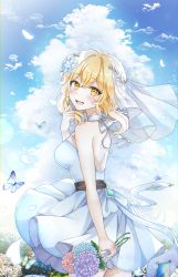 Rule 34 | 1girl, belt, blonde hair, blue butterfly, blue flower, blue sky, blush, bouquet, breasts, brown belt, bug, butterfly, cloud, commentary, cowboy shot, dress, english commentary, feathers, flower, genshin impact, hand up, highres, holding, holding bouquet, insect, looking at viewer, looking back, lumine (genshin impact), medium breasts, open mouth, orange flower, outdoors, purple flower, ryunbi, short hair, short hair with long locks, sidelocks, sky, sleeveless, sleeveless dress, smile, solo, teeth, upper teeth only, veil, vision (genshin impact), white dress, yellow eyes