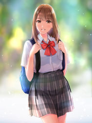 Rule 34 | 1girl, backpack, bag, blush, bow, bowtie, brown eyes, brown hair, commentary, grey skirt, highres, long hair, looking at viewer, nayuta69, original, parted lips, red bow, red bowtie, school bag, school uniform, shirt, shirt tucked in, skirt, smile, solo, white shirt