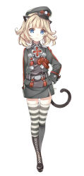 Rule 34 | 10s, 1girl, animal ears, blade &amp; soul, blonde hair, blue eyes, boots, cat ears, cat tail, cross-laced footwear, full body, gloves, hat, highres, lace-up boots, looking at viewer, lyn (blade &amp; soul), military, military uniform, peaked cap, pencil skirt, short hair, simple background, skirt, socks, solo, striped clothes, striped socks, striped thighhighs, tail, tama (tamatamo), thighhighs, uniform, white background