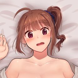 Rule 34 | 10s, 1girl, absurdres, ahoge, bare shoulders, blush, brown hair, earrings, fingernails, highres, idolmaster, idolmaster million live!, implied sex, jewelry, kamille (vcx68), looking at viewer, lying, on back, open clothes, open mouth, out-of-frame censoring, portrait, pov, purple eyes, side ponytail, solo, yokoyama nao