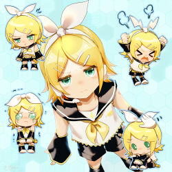 Rule 34 | &gt;:(, &gt; &lt;, 1girl, :t, angry, annoyed, aqua background, bare shoulders, black sailor collar, black shorts, black sleeves, blonde hair, bow, chibi, clenched hand, comforting, crop top, crying, crying with eyes open, detached sleeves, expressions, flat chest, from above, hair bow, hair ornament, hairclip, hands up, head steam, headpat, headphones, headset, highres, honeycomb (pattern), honeycomb background, kagamine rin, leg warmers, midriff peek, neckerchief, open mouth, pigeon-toed, pout, sailor collar, shirt, short hair, shorts, shoulder tattoo, sleeveless, sleeveless shirt, solid oval eyes, solo, tantrum, tattoo, teardrop, tears, torino sasami, treble clef, v-shaped eyebrows, vocaloid, wavy mouth, white bow, white shirt, wide sleeves, yellow neckerchief
