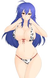 Rule 34 | 1girl, ahoge, animal print, archived source, bikini, bikini top only, blue hair, blush, breast lift, breasts, cleavage, collarbone, cow print, curvy, closed eyes, facing viewer, groin, hair between eyes, highres, holding, holding bikini top, holding clothes, holding swimsuit, kurokami medaka, large breasts, light blush, long hair, looking at viewer, medaka box, navel, red eyes, smile, solo, swimsuit, thighs, transparent background, tridisart, wide hips