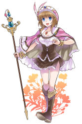 Rule 34 | 1girl, :d, atelier (series), atelier rorona, blue eyes, boots, bracelet, breasts, brown dress, brown hair, capelet, cleavage, corset, dress, feathers, female focus, frilled sleeves, frills, full body, hat, holding, jewelry, knee boots, lots of jewelry, miyasumi (jam session), necklace, open mouth, pleated skirt, rororina fryxell, short hair, short sleeves, silhouette, simple background, skirt, smile, solo, wand, white background