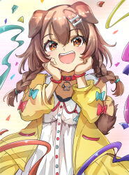 Rule 34 | 1girl, absurdres, animal ears, blue bow, blush, bone hair ornament, bow, braid, brown eyes, brown hair, buttons, collar, collared dress, confetti, dog ears, dog girl, dog tail, dress, hair between eyes, hair ornament, hands on own face, highres, hololive, inugami korone, inugami korone (1st costume), jacket, long hair, looking at viewer, multicolored buttons, open clothes, open jacket, open mouth, red bow, red bracelet, red collar, sasai tuki, simple background, single off shoulder, smile, solo, streamers, tail, teeth, twin braids, upper teeth only, virtual youtuber, white dress, yellow jacket