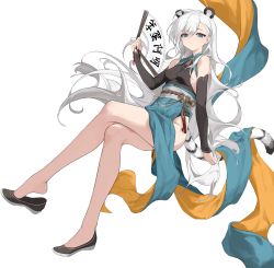 Rule 34 | 1girl, absurdres, animal ears, blue eyes, chinese clothes, chinese text, eyeliner, hand fan, highres, long hair, makeup, paper fan, slit pupils, tail, tiger ears, tiger tail, white hair, yume (454565427)