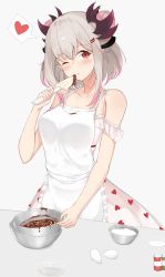 Rule 34 | 1girl, nanashi inc., apron, bare shoulders, blush, breasts, cooking, double bun, dress, gradient hair, grey hair, hair between eyes, hair bun, hair ornament, hairclip, headgear, highres, hinakurukuru, honey strap, large breasts, looking at breasts, multicolored hair, off shoulder, one eye closed, pink hair, pointy ears, red eyes, short hair, simple background, solo, spaghetti strap, spatula, suou patra, valentine, virtual youtuber, white apron, white background, white dress