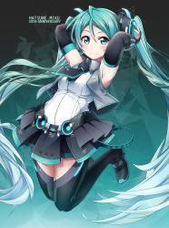 Rule 34 | 1girl, absurdres, anniversary, aqua eyes, aqua hair, arms up, black thighhighs, boots, bridal gauntlets, character name, full body, hatsune miku, highres, jumping, long hair, looking at viewer, md5 mismatch, necktie, resolution mismatch, shiimai, skirt, smile, solo, source smaller, thigh boots, thighhighs, twintails, very long hair, vocaloid