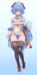 Rule 34 | 1girl, absurdres, ahoge, bell, bikini, black thighhighs, blonde hair, blue bikini, blue nails, blush, breasts, cleft of venus, closed mouth, cowbell, detached collar, detached sleeves, full body, ganyu (genshin impact), genshin impact, goat horns, highres, horns, large breasts, long hair, looking at viewer, micro bikini, nail polish, orb, simple background, smile, solo, swimsuit, thighhighs, waterring, white footwear, white sleeves