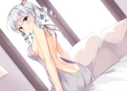Rule 34 | 1girl, alternate costume, ass, back, bare shoulders, breasts, butt crack, hatsu (first snow), kantai collection, kashima (kancolle), looking at viewer, looking back, medium breasts, medium hair, meme attire, no headwear, no headwear, pillow, purple eyes, short hair, sideboob, silver hair, sitting, smile, solo, two side up, virgin killer sweater