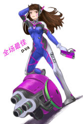 Rule 34 | 1girl, animal print, arm up, armor, bodysuit, boots, breasts, brown eyes, brown hair, cannon, character name, clothes writing, d.va (overwatch), dutch angle, esan, facepaint, facial mark, full body, gloves, hand on own head, headphones, highres, long hair, looking at viewer, medium breasts, overwatch, overwatch 1, pilot suit, rabbit, rabbit print, simple background, skin tight, smile, solo, swept bangs, thigh boots, thighhighs, whisker markings, white background, white footwear, white gloves