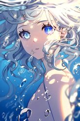 Rule 34 | 1girl, air bubble, blue eyes, blurry, blurry foreground, bubble, collarbone, commentary, drop-shaped pupils, english commentary, eyelashes, floating hair, furina (genshin impact), genshin impact, heterochromia, highres, long hair, looking at viewer, looking to the side, merururuu, mismatched pupils, parted lips, solo, symbol-shaped pupils, underwater, upper body, water, white hair