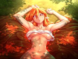 Rule 34 | 1girl, animal ears, arms up, body freckles, breast band, breasts, commentary, cross-eyed, english commentary, forest, freckles, green background, lizard tail, long hair, looking at viewer, lying, lying on hair, medium breasts, nature, navel, nisego, on back, open mouth, orange eyes, orange hair, orange tail, original, outdoors, pointy ears, solo, tail, tree shade, very long hair, wonhan (nisego)