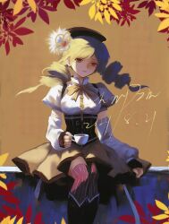 1girl autumn_leaves beret blonde_hair boots bow bowtie corset cup dated detached_sleeves drill_hair hair_knot hat highres holding holding_cup knee_boots looking_at_viewer magical_girl mahou_shoujo_madoka_magica mahou_shoujo_madoka_magica_(anime) nmpzm puffy_sleeves signature sitting skirt solo striped_clothes striped_thighhighs thighhighs tomoe_mami tomoe_mami_(magical_girl) twin_drills yellow_bow yellow_bowtie yellow_skirt