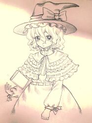 Rule 34 | 1girl, absurdres, bingkuaihei, book, bow, capelet, chinese commentary, closed mouth, commentary request, dress, flat chest, frilled capelet, frilled hat, frills, graphite (medium), hair between eyes, hat, hat bow, highres, kirisame marisa, long sleeves, ribbon, ribbon-trimmed capelet, ribbon trim, short hair, smile, solo, touhou, traditional media, wavy hair, witch hat