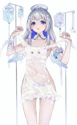 Rule 34 | 1girl, absurdres, amane kanata, amane kanata (nurse), angel wings, armband, bandaged arm, bandages, blue eyes, blue hair, collar, collarbone, colored inner hair, covered navel, cowboy shot, detached collar, dress, frilled dress, frills, hair ornament, hat, highres, holding, holding clothes, holding dress, hololive, id card, intravenous drip, long hair, looking at viewer, multicolored hair, nude, nurse cap, open mouth, pi tayuko, see-through, see-through dress, simple background, solo, standing, streaked hair, thighs, virtual youtuber, wet, white background, white collar, white hair, wings, x hair ornament